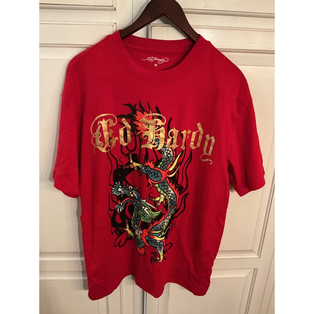 Ed Hardy Mens Red Dragon Graphic T-Shirt Gold Foil Logo EHM1101-3TJ Size M